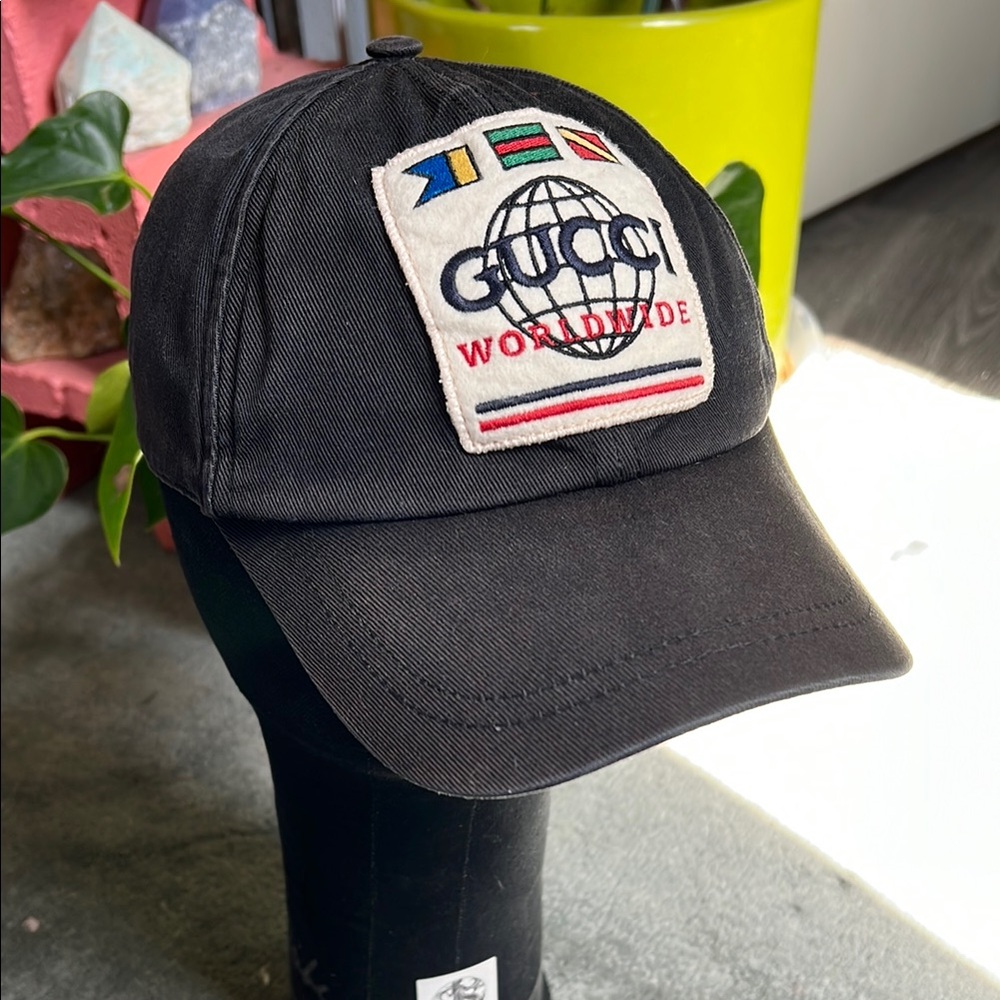Gucci Black Logo World Flag Cotton Adjustable Cap Size L